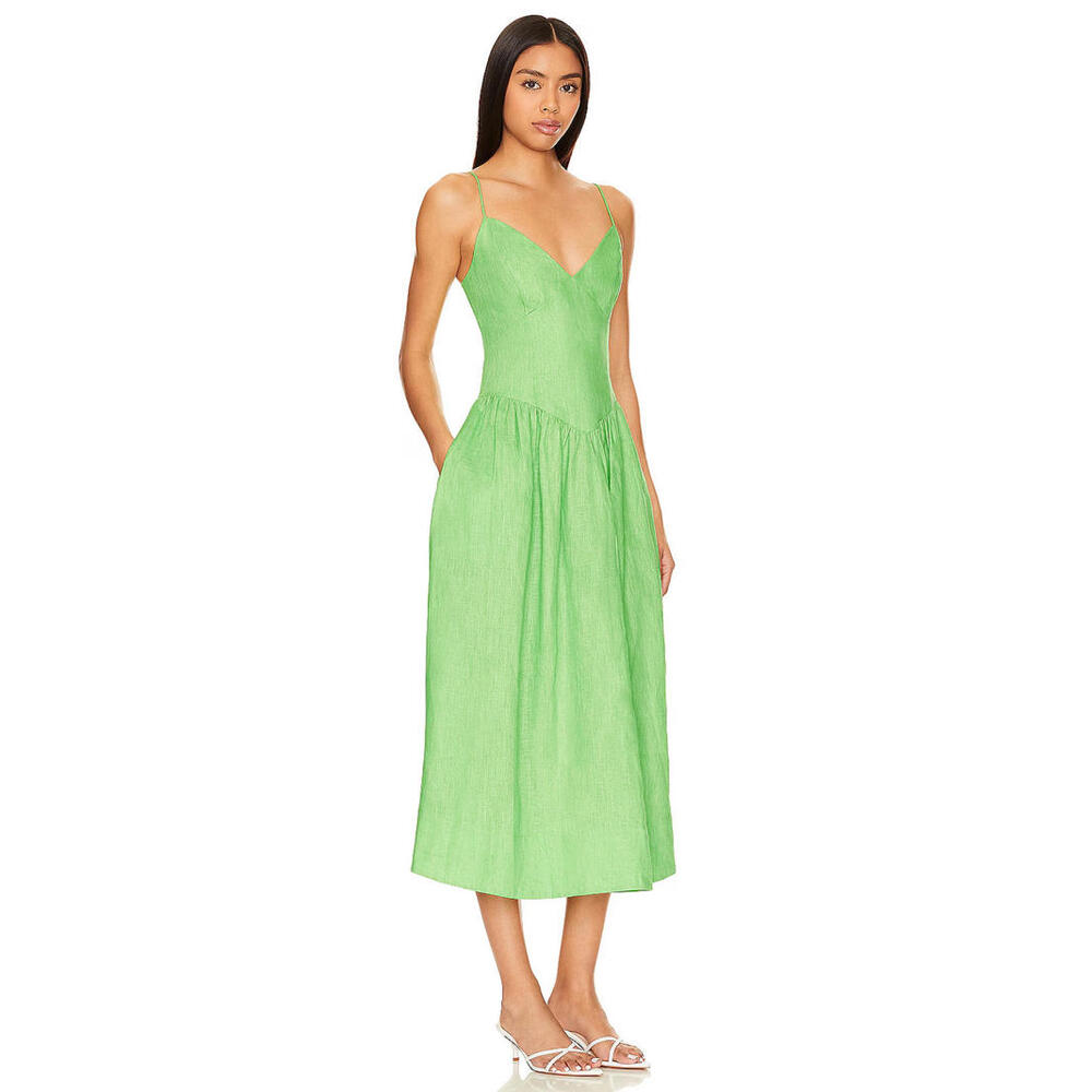 Revolve  Rhode Sophie Linen Midi Dress Green Lemon Sz 10 $445 msrp